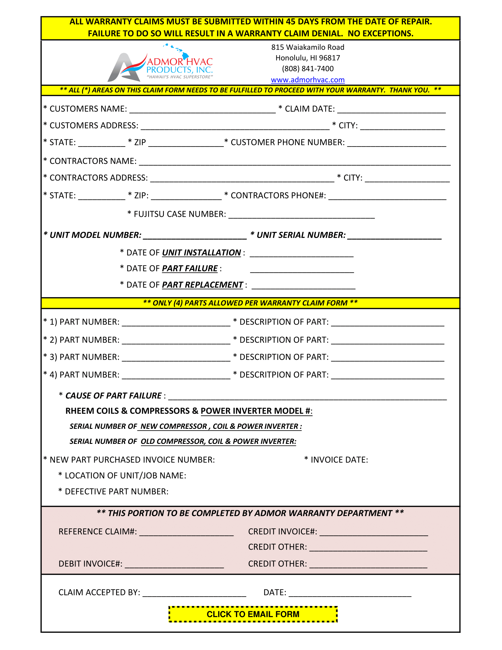 WARRANTY CLAIM FORM